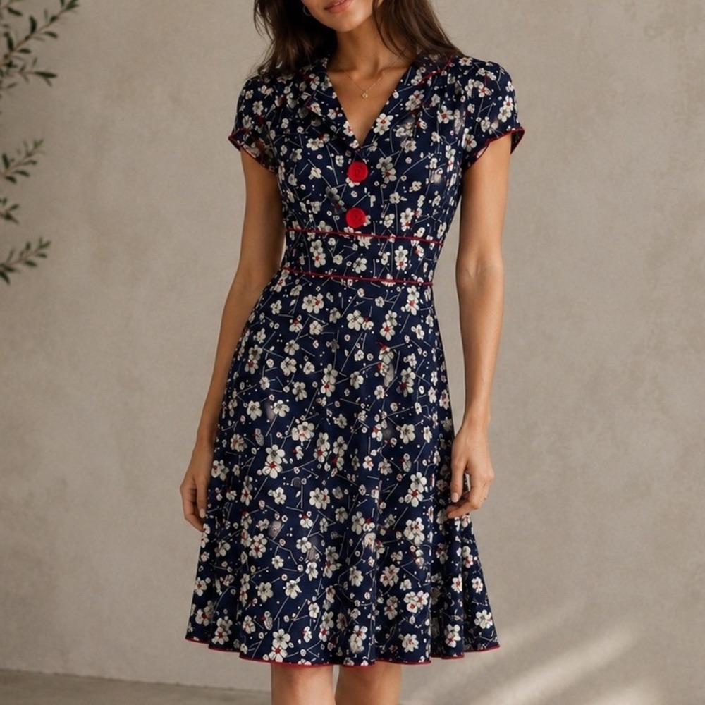 Speechless Y2K Floral Dress Size 3 Navy Cherry Blossom Lightweight Rockabilly